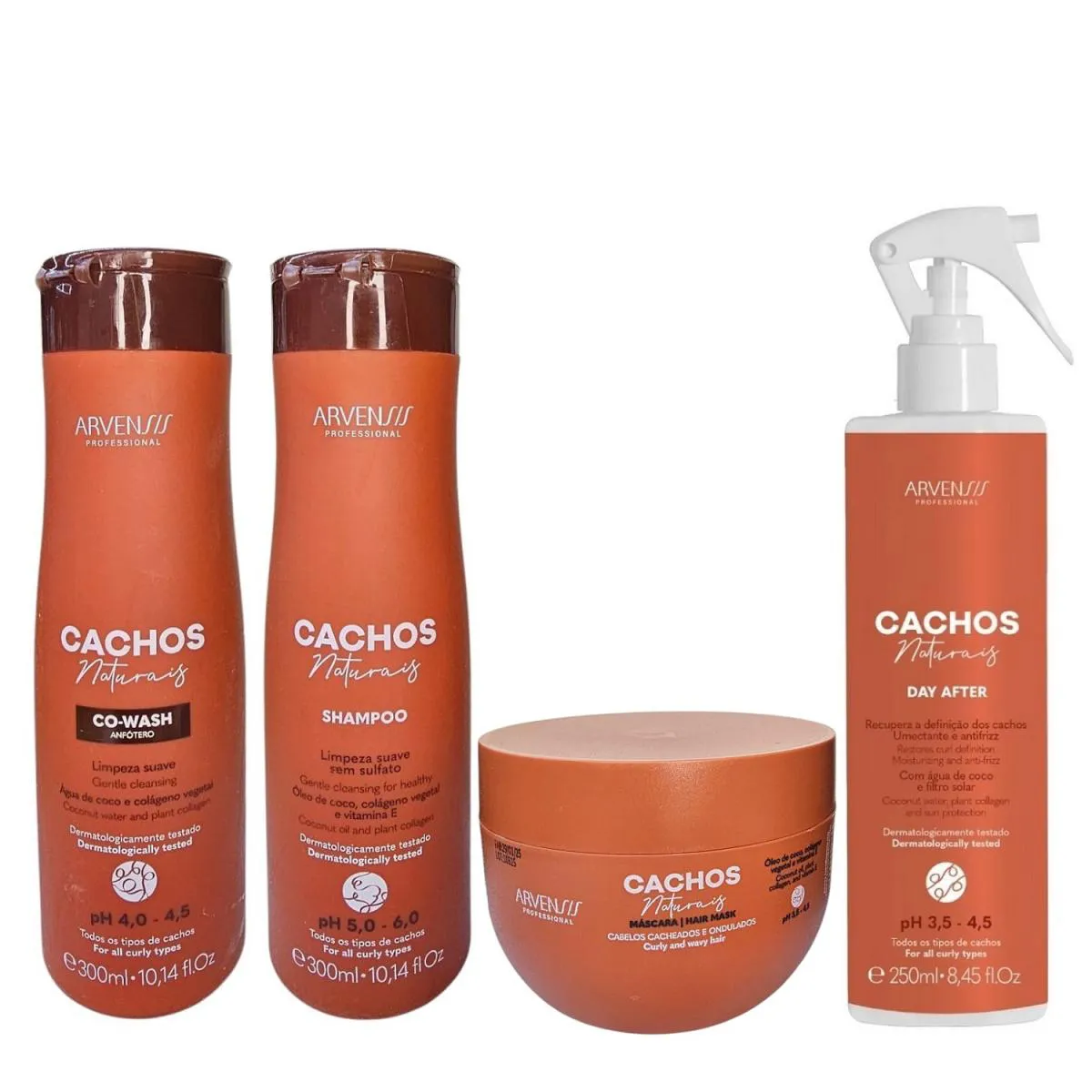 KIT ARVENSIS PROFESSIONAL CACHOS NATURAIS - SHAMPOO 300ML + CO-WASH 300ML + MáSCARA 250G + DAY AFTER 250ML
