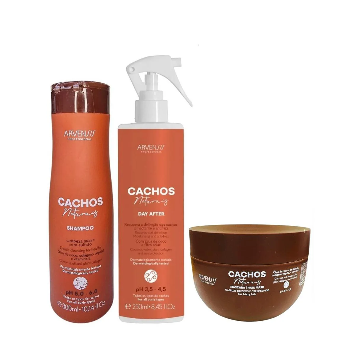KIT ARVENSIS PROFESSIONAL CACHOS NATURAIS - SHAMPOO 300ML + DAY AFTER 250ML + MáSCARA CRESPOS 250G