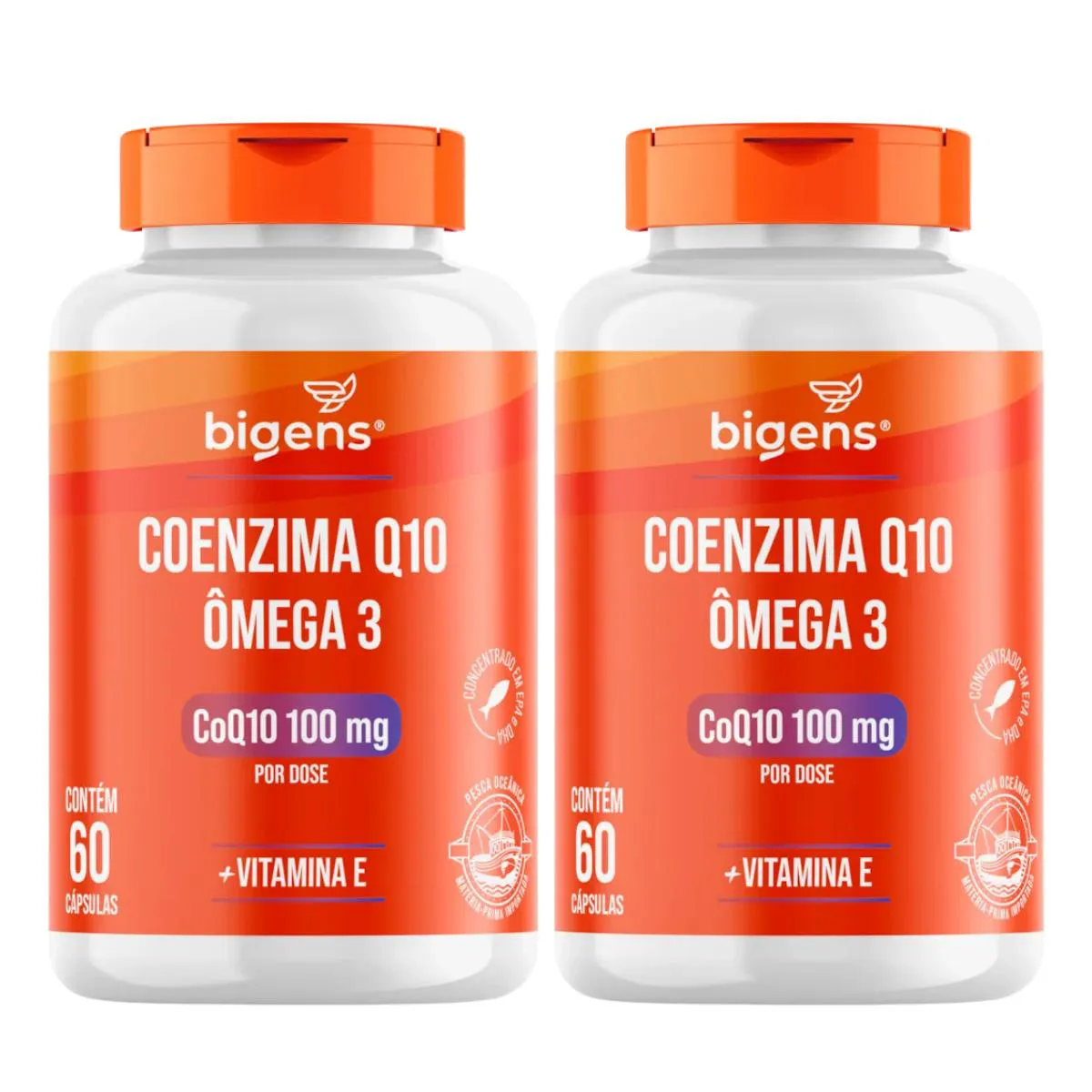 2X COENZIMA Q10 100MG + ÔMEGA 3 BIGENS 60 CAPSULAS SEM Sabor
