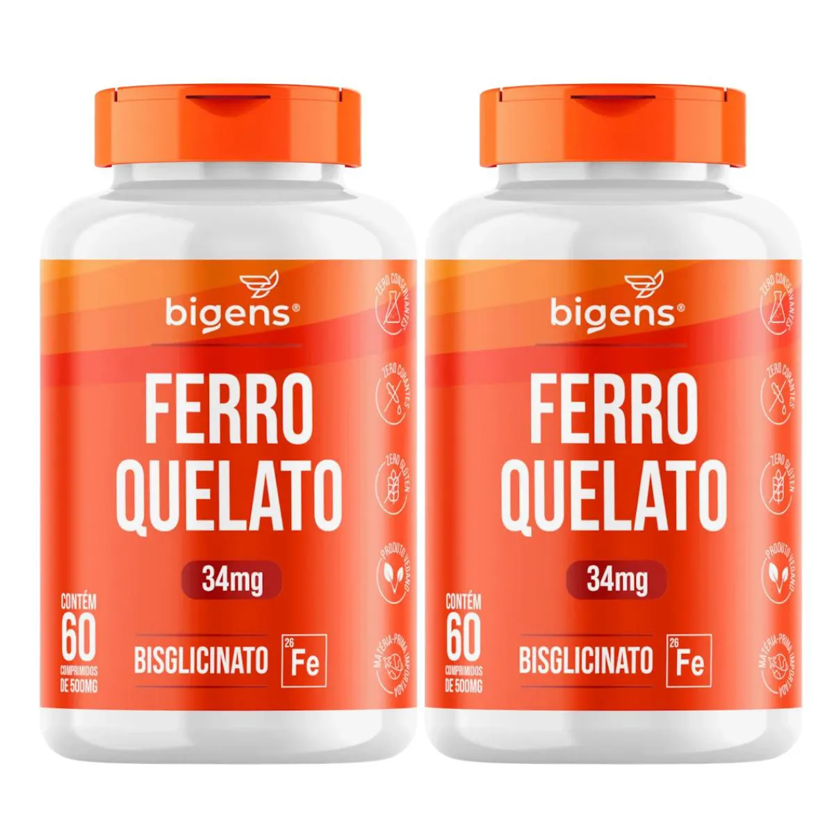 2X FERRO QUELATO BISGLICINATO 34MG BIGENS 60 TABLETES SEM Sabor