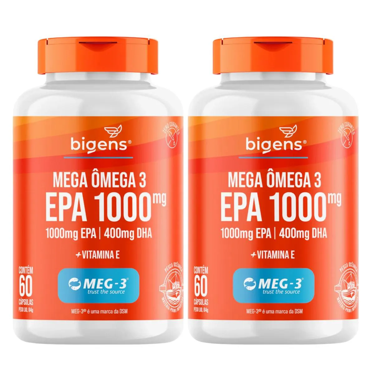 2X MEGA ÔMEGA 3 EPA 1000MG DHA 400MG MEG-3 BIGENS 60 CAPSULAS SEM Sabor