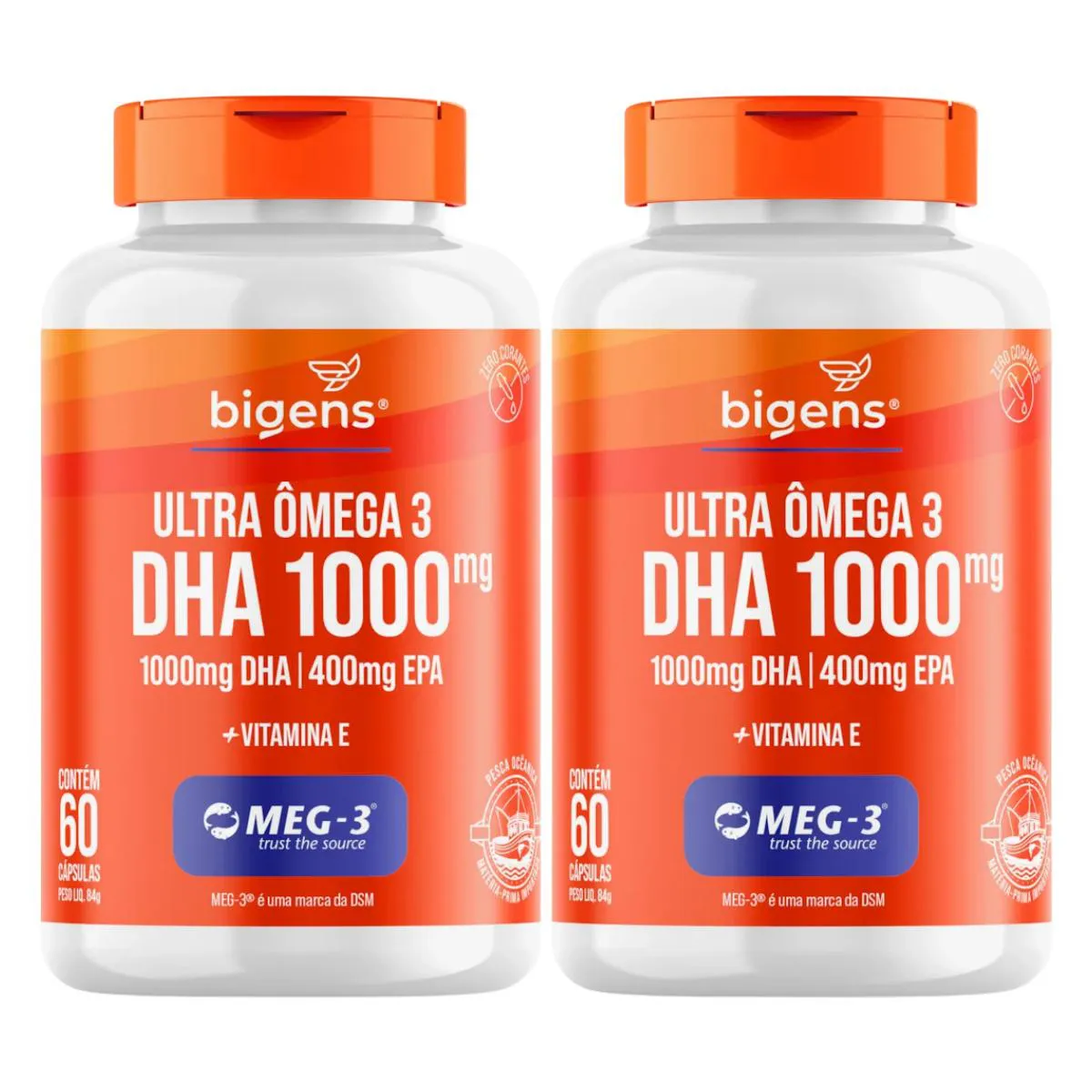 2X ULTRA ÔMEGA 3 DHA 1000 EPA 400MG MEG3 BIGENS 60 CAPSULAS SEM Sabor