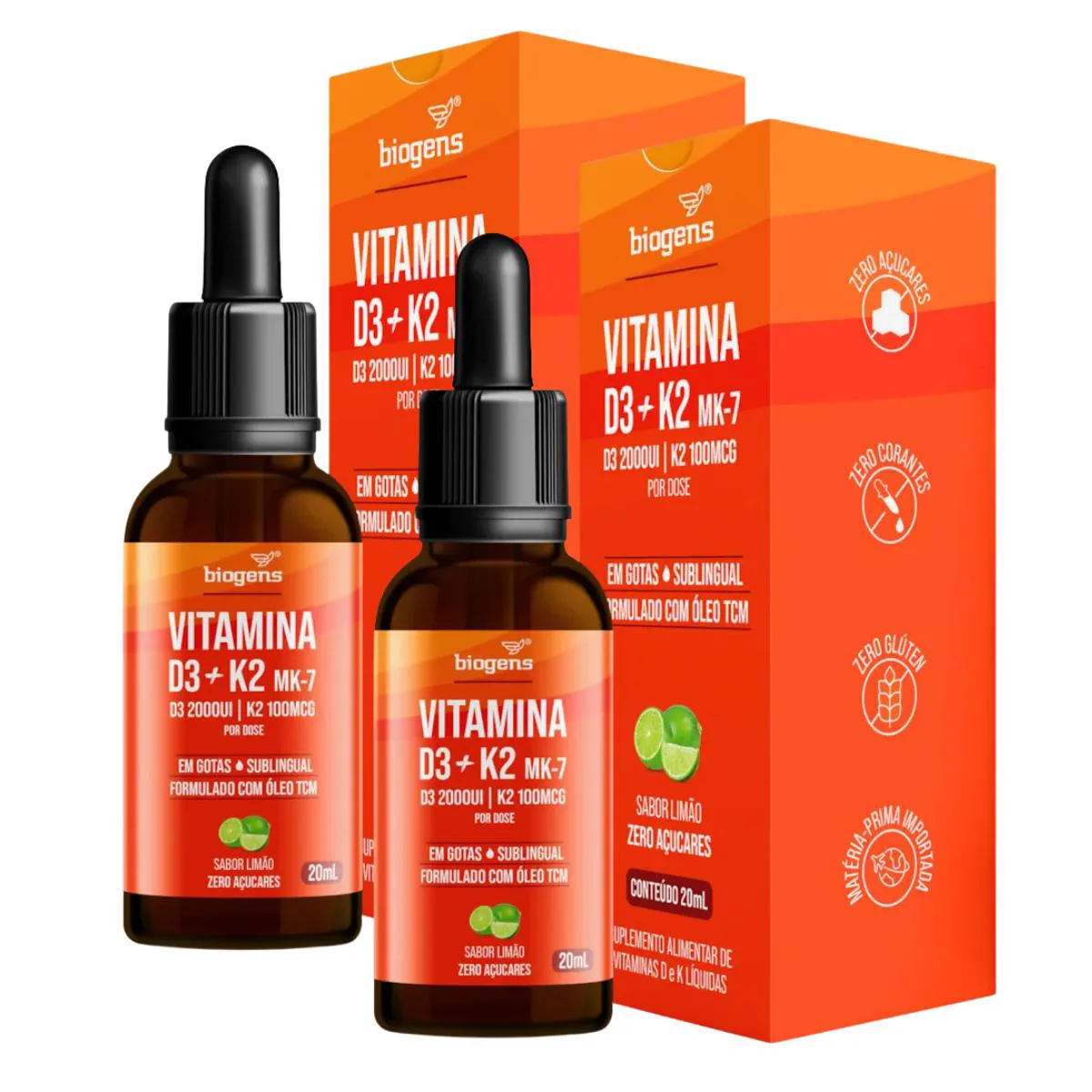 2X VITAMINA D3 2000UI + K2 MK7 100MCG BIGENS LIMãO 20ML