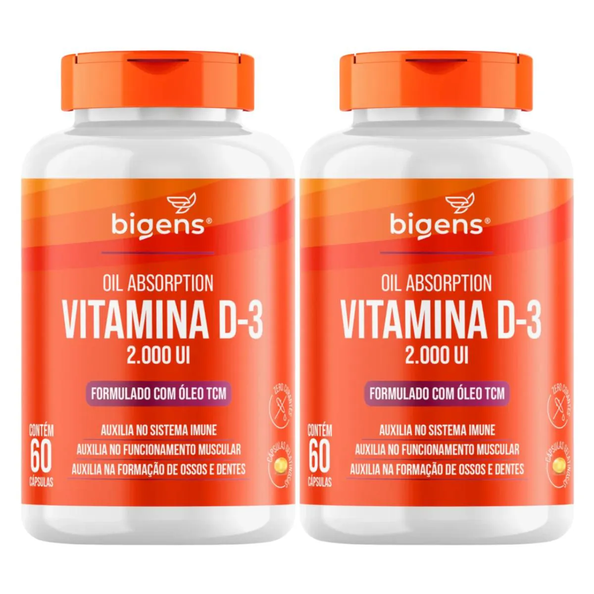 2X VITAMINA D3 2000UI COM TCM 400MG BIGENS 60 CAPSULAS SEM Sabor