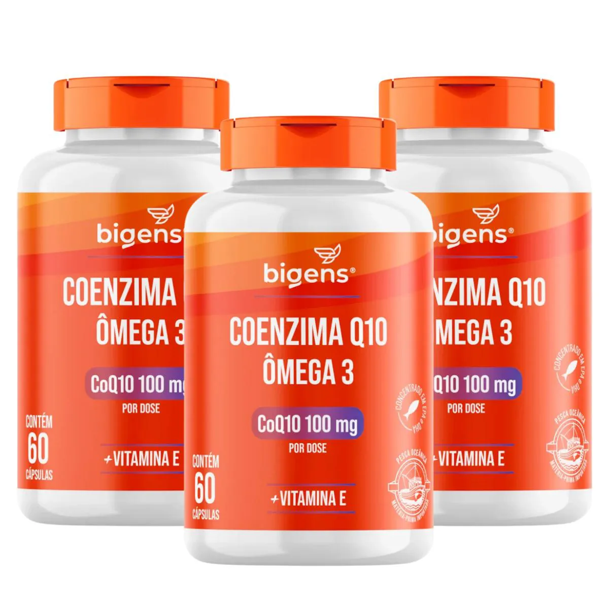 3X COENZIMA Q10 100MG + ÔMEGA 3 BIGENS 60 CAPSULAS SEM Sabor