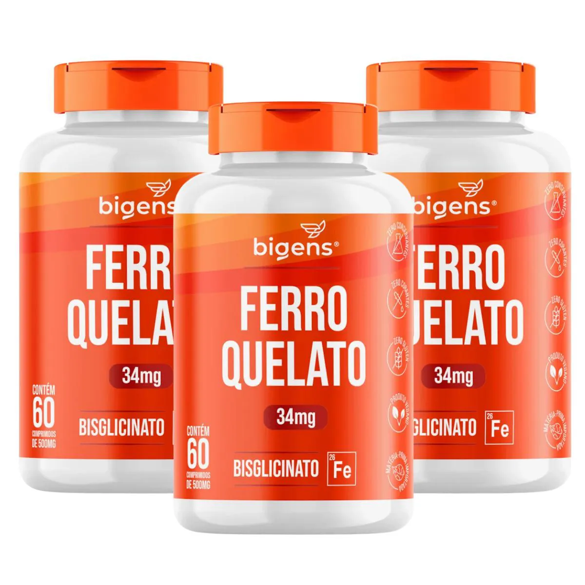 3X FERRO QUELATO BISGLICINATO 34MG BIGENS 60 TABLETES SEM Sabor