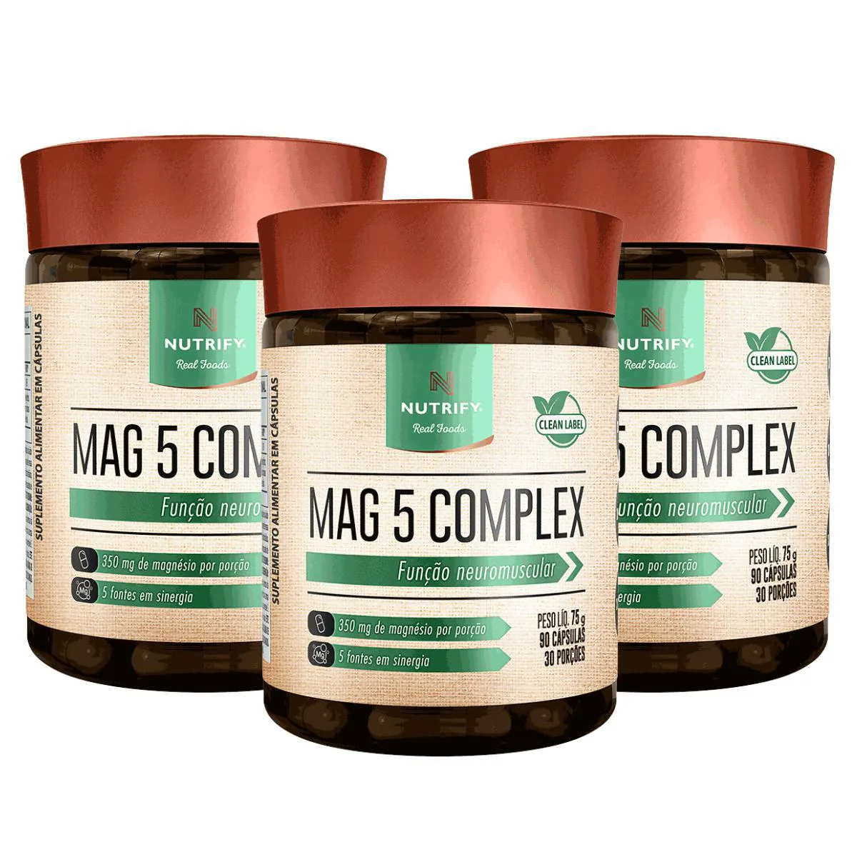 3X MAGNéSIO MAG 5 COMPLEX NUTRIFY 90 CAPSULAS SEM Sabor