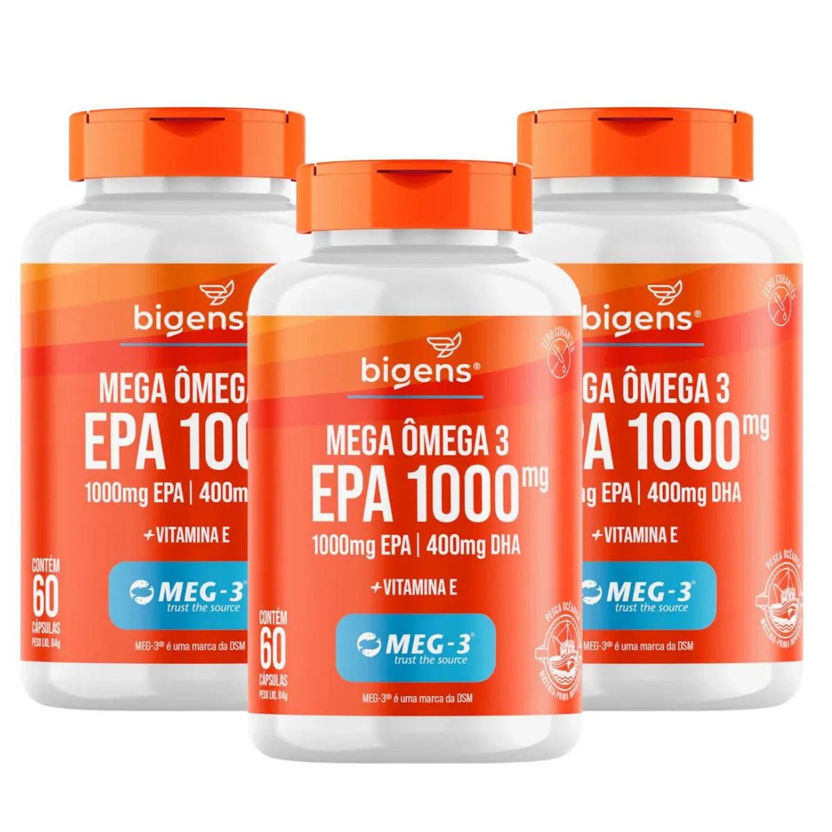 3X MEGA ÔMEGA 3 EPA 1000MG DHA 400MG MEG-3 BIGENS 60 CAPSULAS SEM Sabor