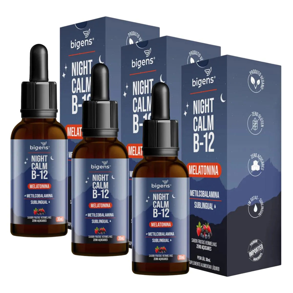 3X MELATONINA NIGHT CALM B12 BIGENS FRUTAS VERMELHAS 30ML