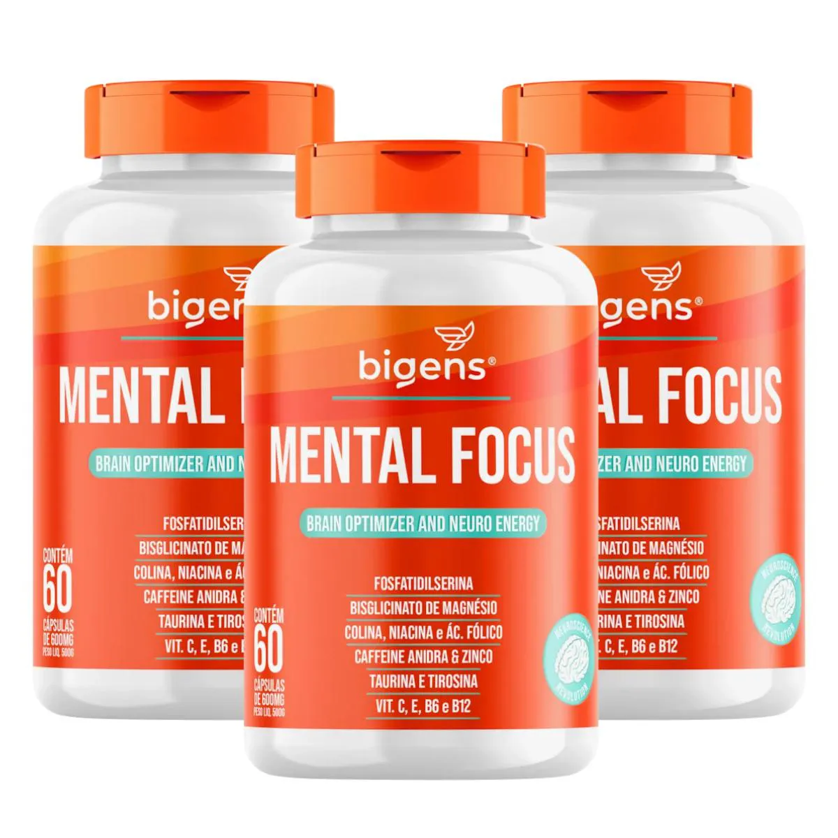 3X MENTAL FOCUS NOOTRóPICO BIGENS 60 CAPSULAS SEM Sabor