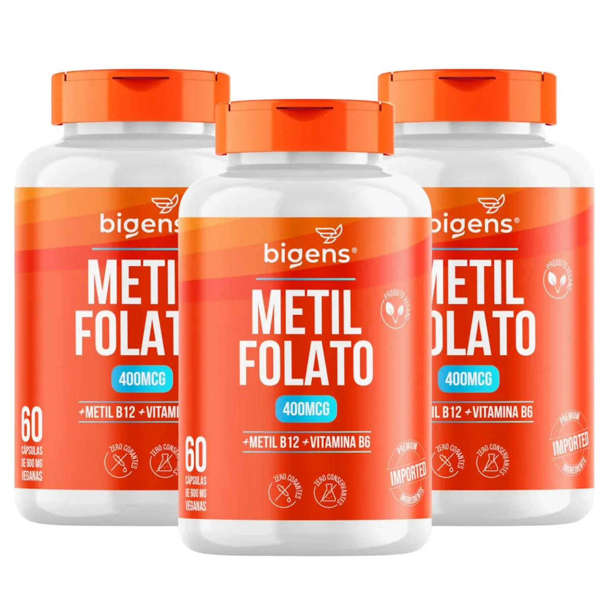 3X METILFOLATO 400MCG + VITAMINA B12 BIGENS 60 CAPSULAS SEM Sabor