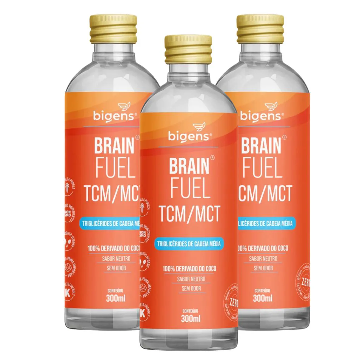 3X ÓLEO DE COCO BRAINFUEL TCM/MCT BIGENS 300ML SEM Sabor