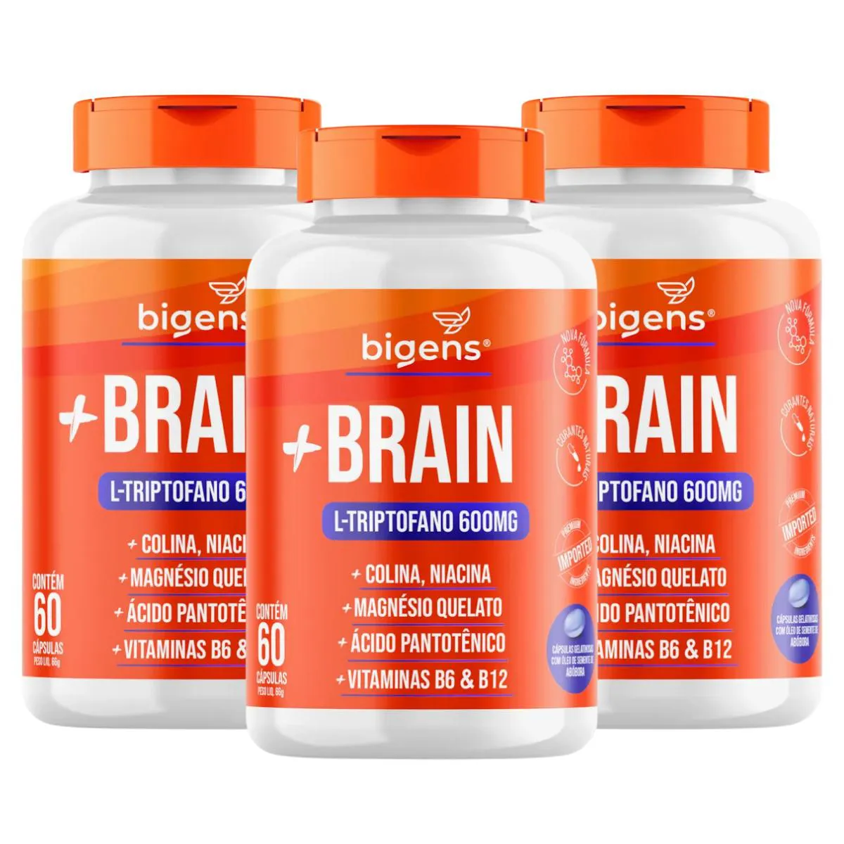 3X PLUS BRAIN L-TRIPTOFANO 600MG BIGENS 60 CAPSULAS SEM Sabor