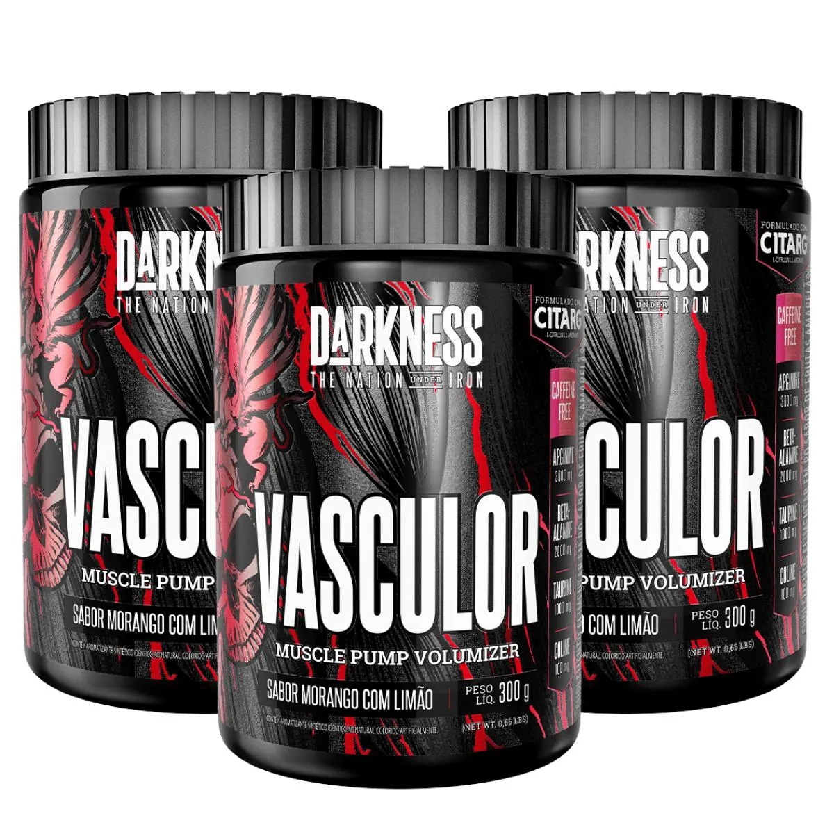 3X PRE TREINO VASCULOR SEM CAFEINA DARKNESS MORANGO COM LIMãO 300G