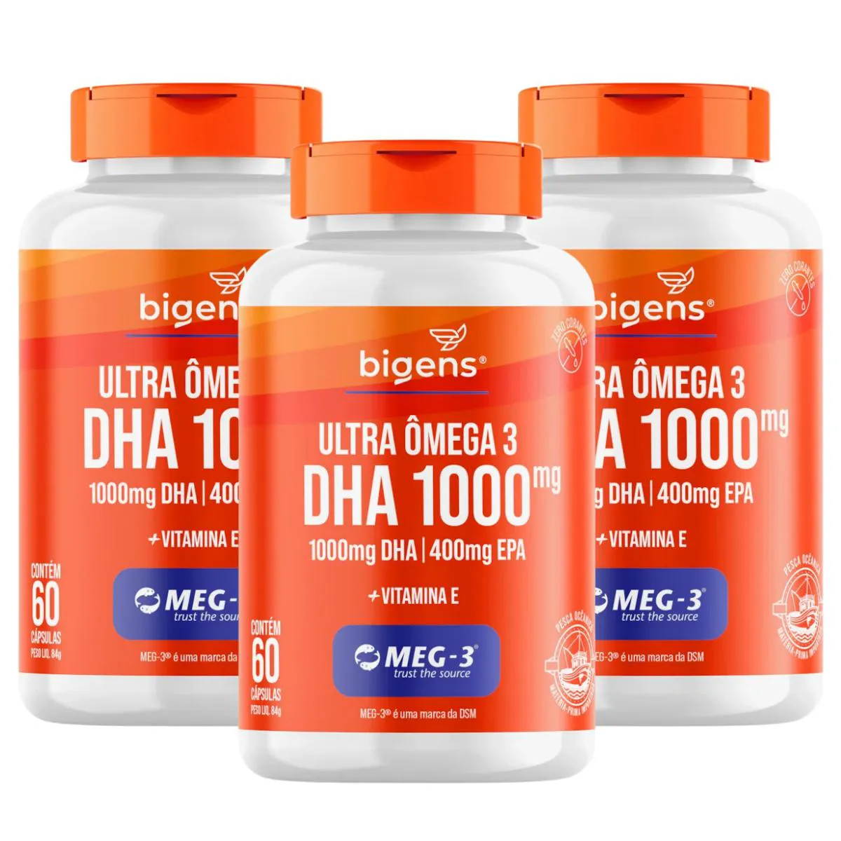 3X ULTRA ÔMEGA 3 DHA 1000 EPA 400MG MEG3 BIGENS 60 CAPSULAS SEM Sabor