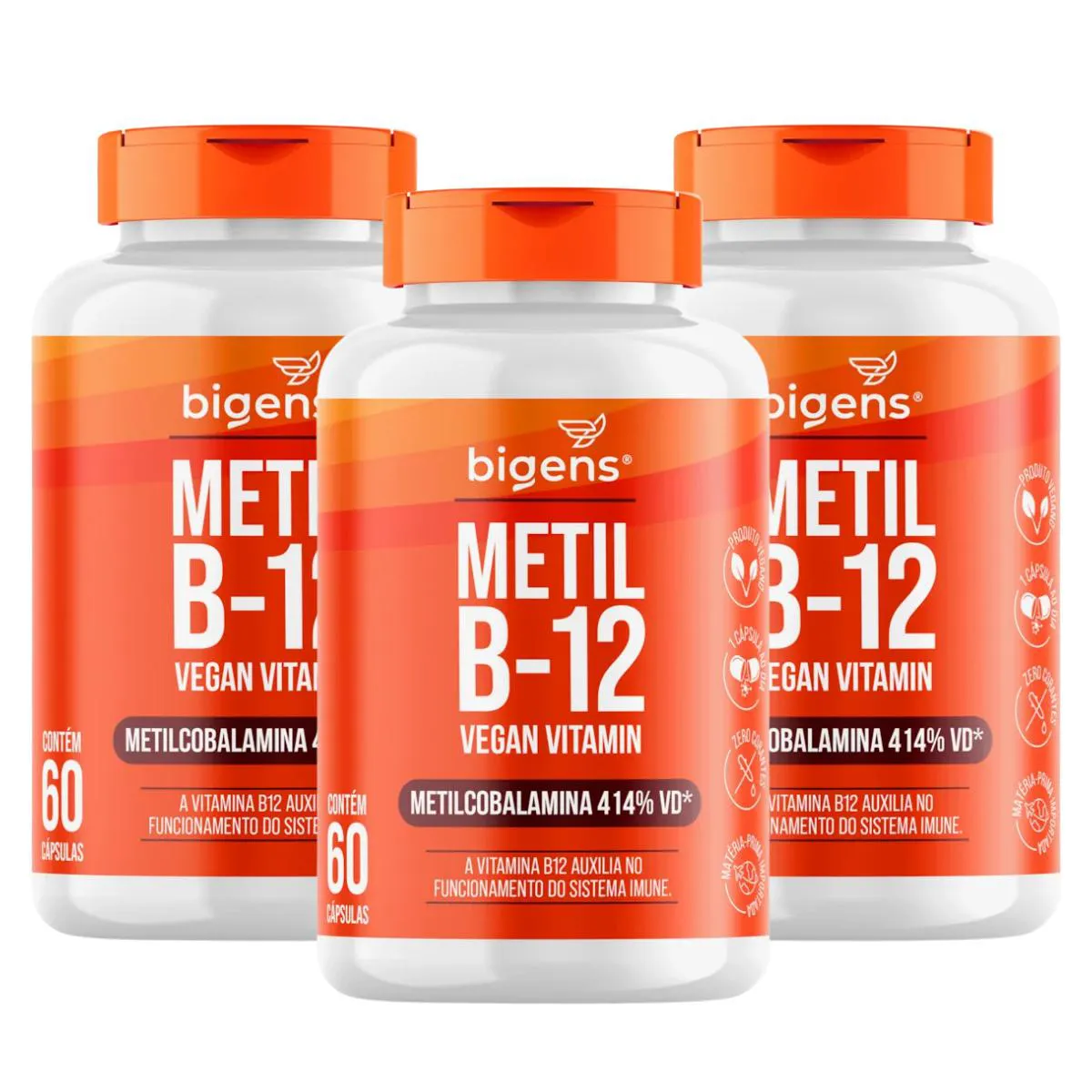 3X VITAMINA B12 METILCOBALAMINA VEGANA BIGENS 60 CAPSULAS SEM Sabor