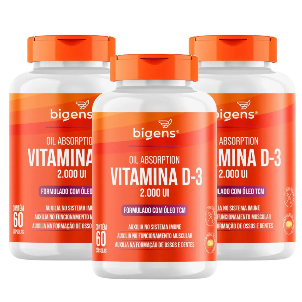 3X VITAMINA D3 2000UI COM TCM 400MG BIGENS 60 CAPSULAS SEM Sabor