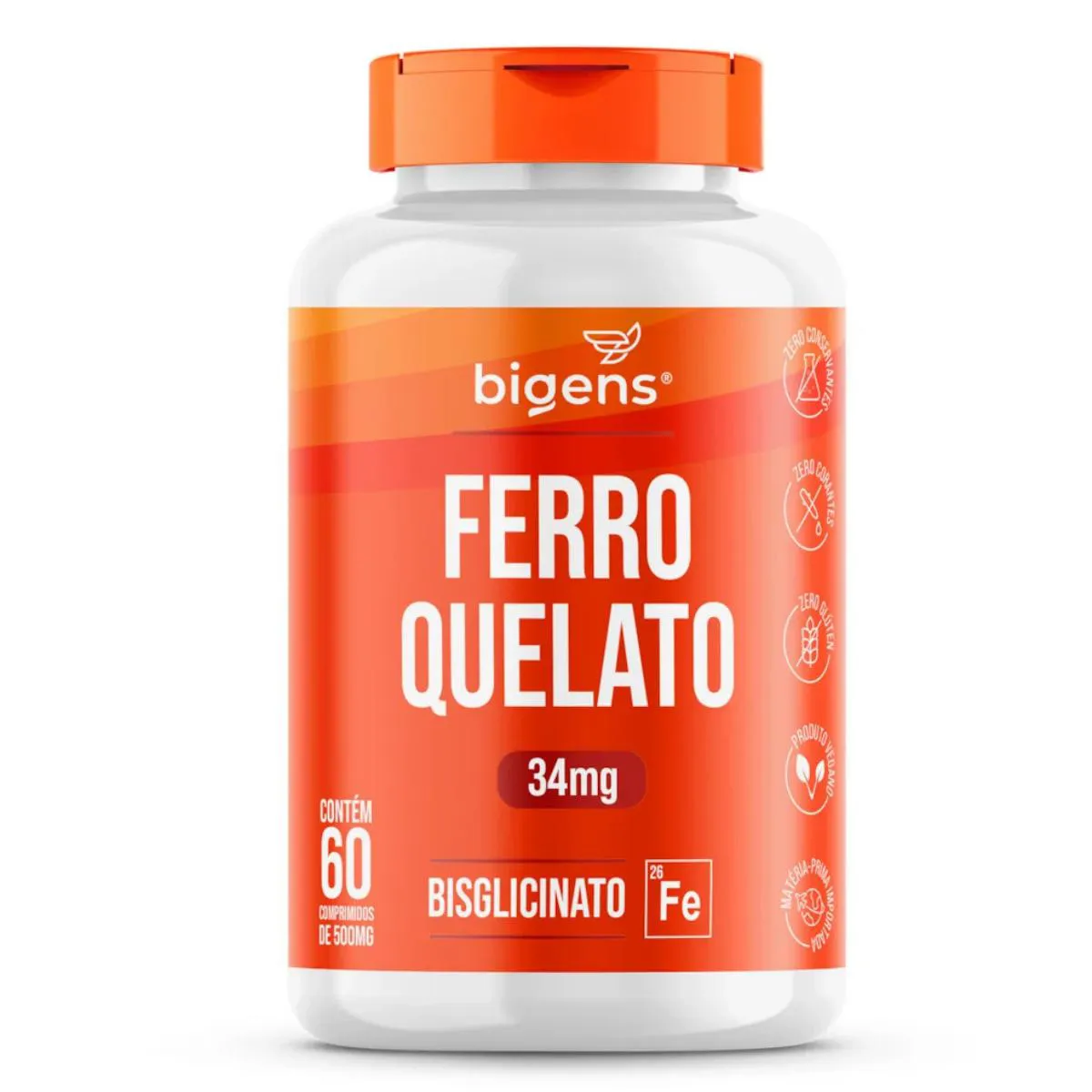 FERRO QUELATO BISGLICINATO 34MG BIGENS 60 TABLETES SEM Sabor