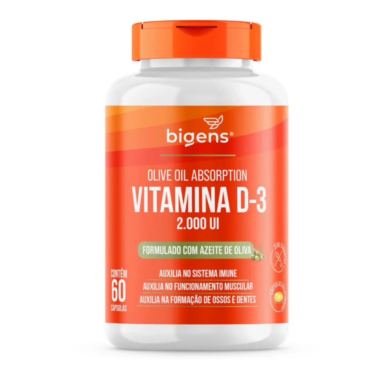 VITAMINA D3 2000UI ÓLEO DE OLIVA BIGENS 60 CAPSULAS SEM Sabor
