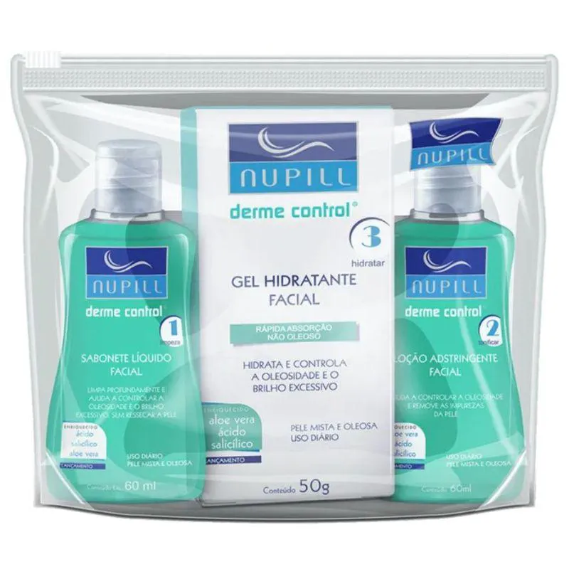 KIT FACIAL DERME CONTROL NUPILL ( SABONETE LíQUIDO 60ML + GEL HIDRATANTE 50G + LOçãO ADSTRINGENTE 60ML )