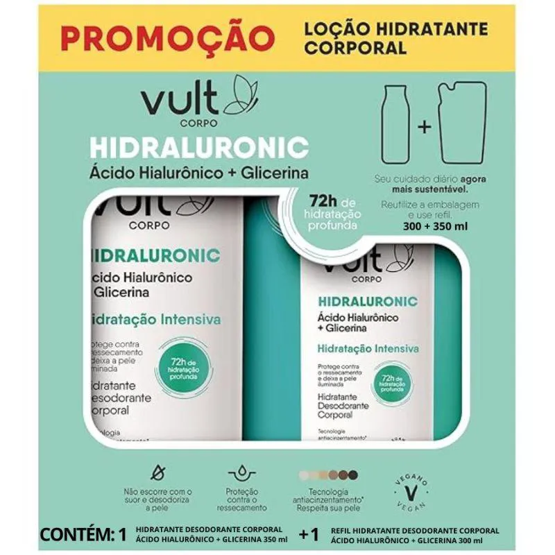 KIT HIDRATANTE CORPORAL ÁCIDO HIALURôNICO + GLICERINA 350ML + REFIL 300ML - VULT