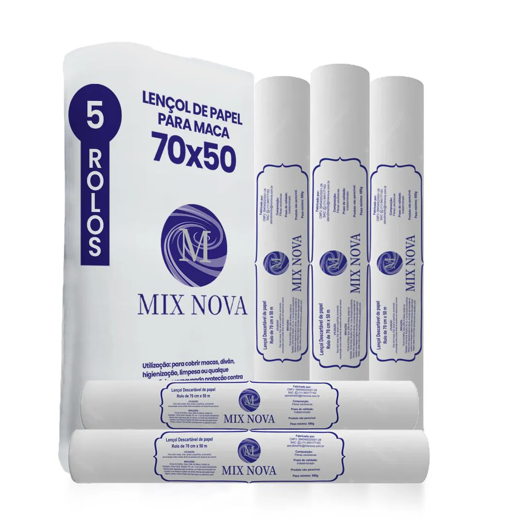 LENçOL DE PAPEL DESCARTáVEL PARA MACA MODELO 70X50 05 ROLOS MIX NOVA