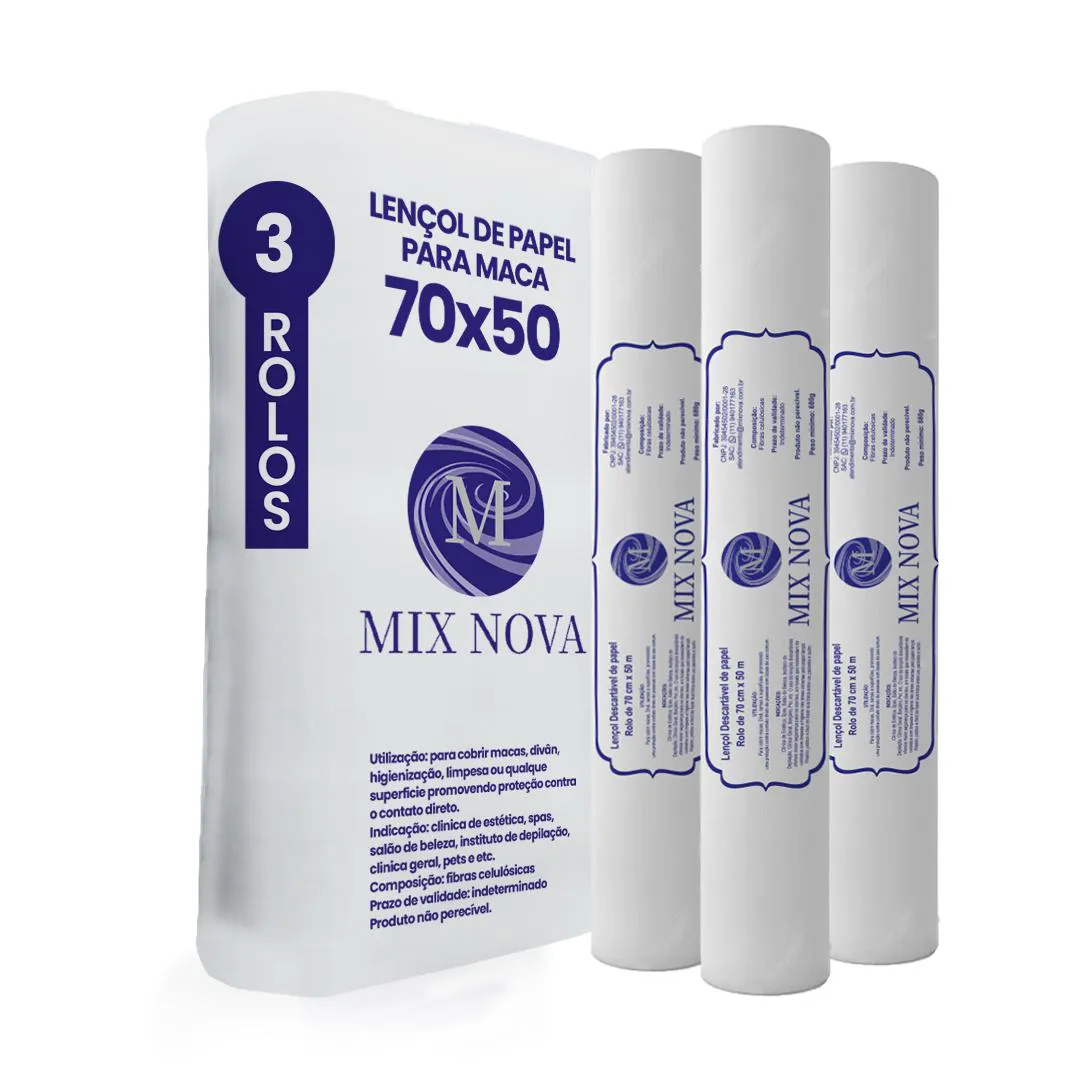 LENçOL DE PAPEL DESCARTáVEL PARA MACA MODELO 70X50 3 ROLOS MIX NOVA