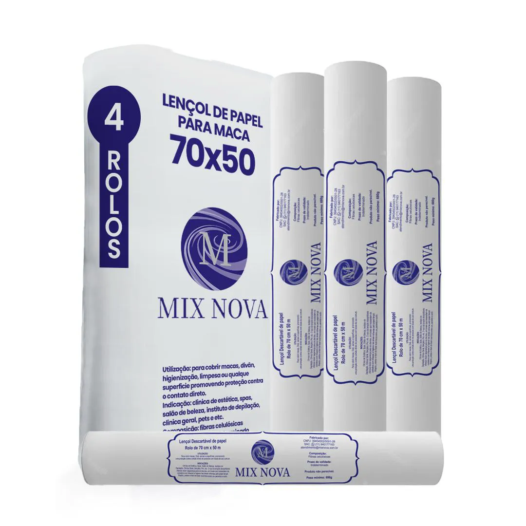 LENçOL DE PAPEL DESCARTáVEL PARA MACA MODELO 70X50 CX 04 ROLOS MIX NOVA