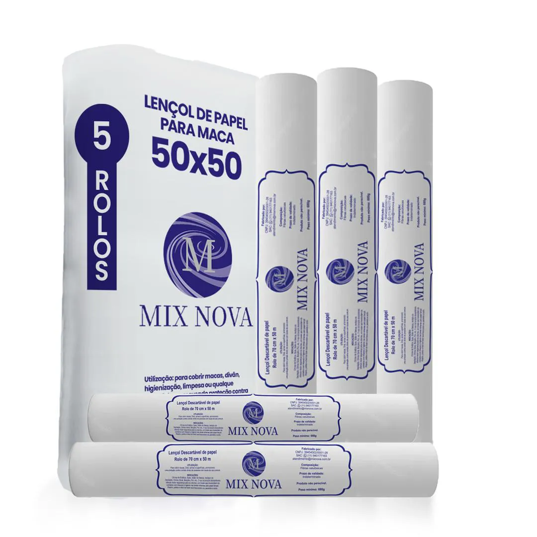 LENçOL DESCARTáVEL PAPEL HOSPITALAR MACA 50X50MT  05 ROLOS MIX NOVA
