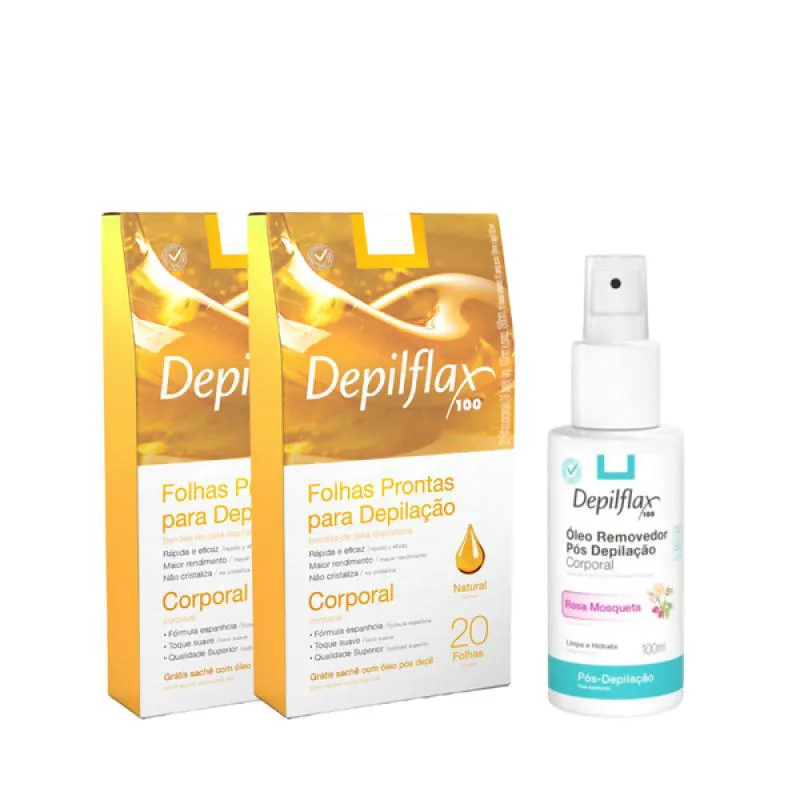 DEPILFLAX FOLHAS PRONTAS CORPORAIS C/20 NATURAL 2 UNI + ÓLEO PóS DEPILATóRIO 100ML