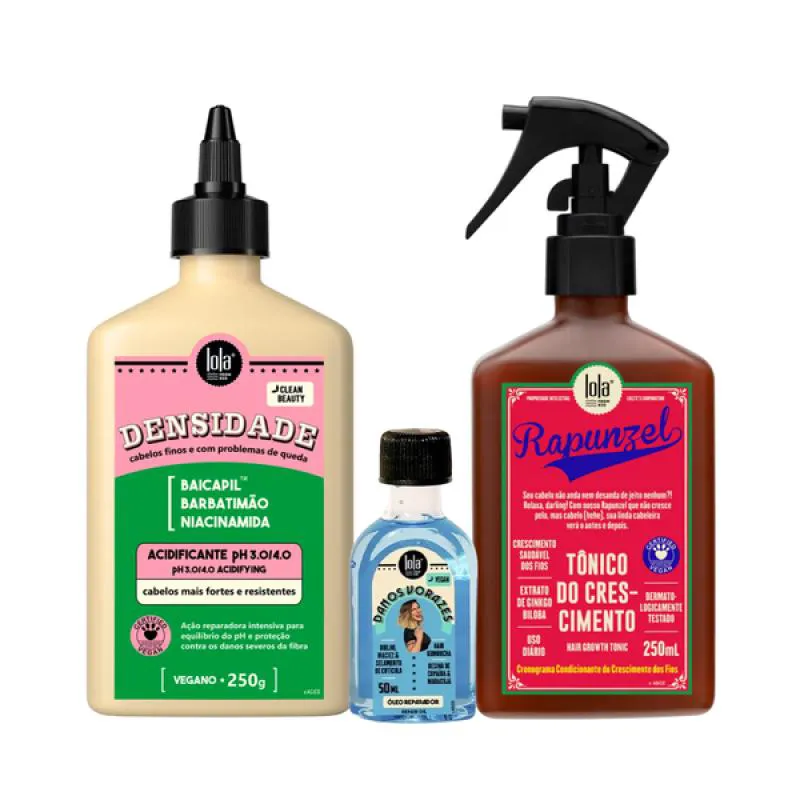 KIT LOLA DENSIDADE ACIDIFICANTE + RAPUNZEL TONICO + DANOS VORAZES ÓLEO