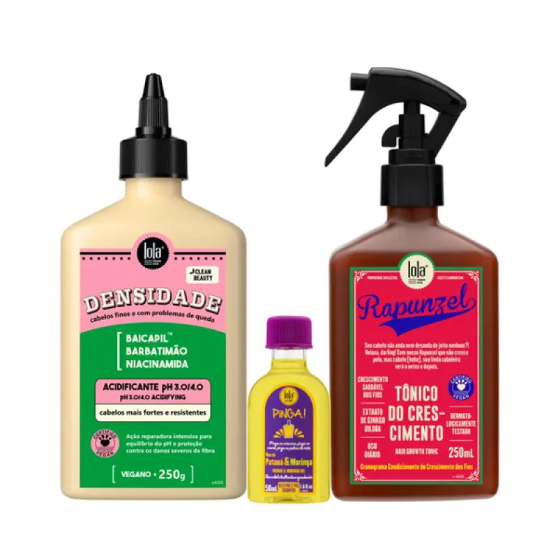 KIT LOLA DENSIDADE ACIDIFICANTE + RAPUNZEL TONICO DE CRESCIMENTO + PINGA! ÓLEO PATAúA E MORINGA