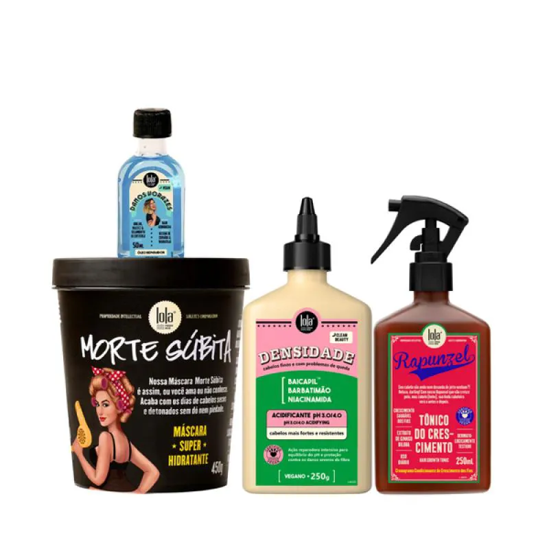 KIT LOLA MORTE SUBITA MASC + DENSIDADE ACIDIFICANTE + RAPUNZEL TONICO + DANOS VORAZES ÓLEO