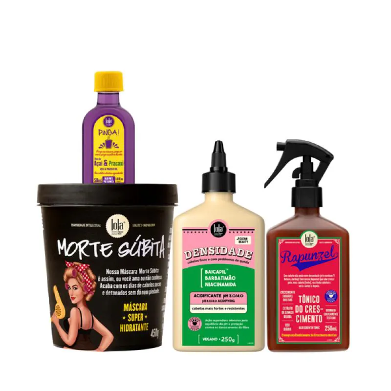 KIT LOLA MORTE SUBITA MASC + DENSIDADE ACIDIFICANTE + RAPUNZEL TONICO + PINGA! ÓLEO AçAí E PRACAXI