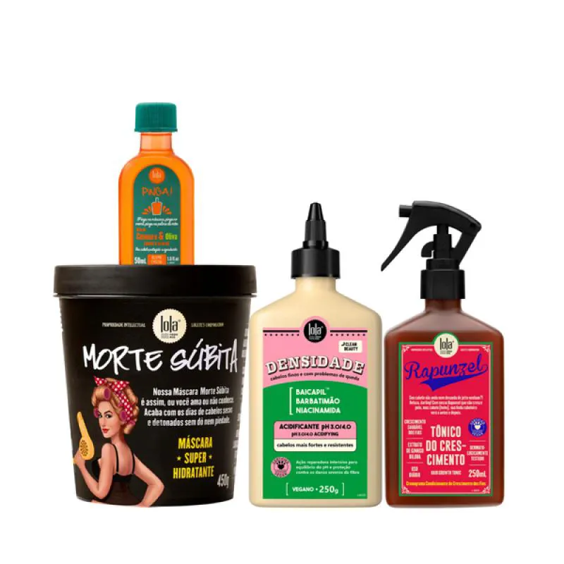 KIT LOLA MORTE SUBITA MASC + DENSIDADE ACIDIFICANTE + RAPUNZEL TONICO + PINGA! ÓLEO CENOURA E OLIVA