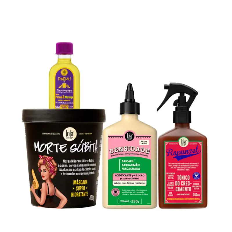 KIT LOLA MORTE SUBITA MASC + DENSIDADE ACIDIFICANTE + RAPUNZEL TONICO + PINGA! ÓLEO PATAúA E MORINGA