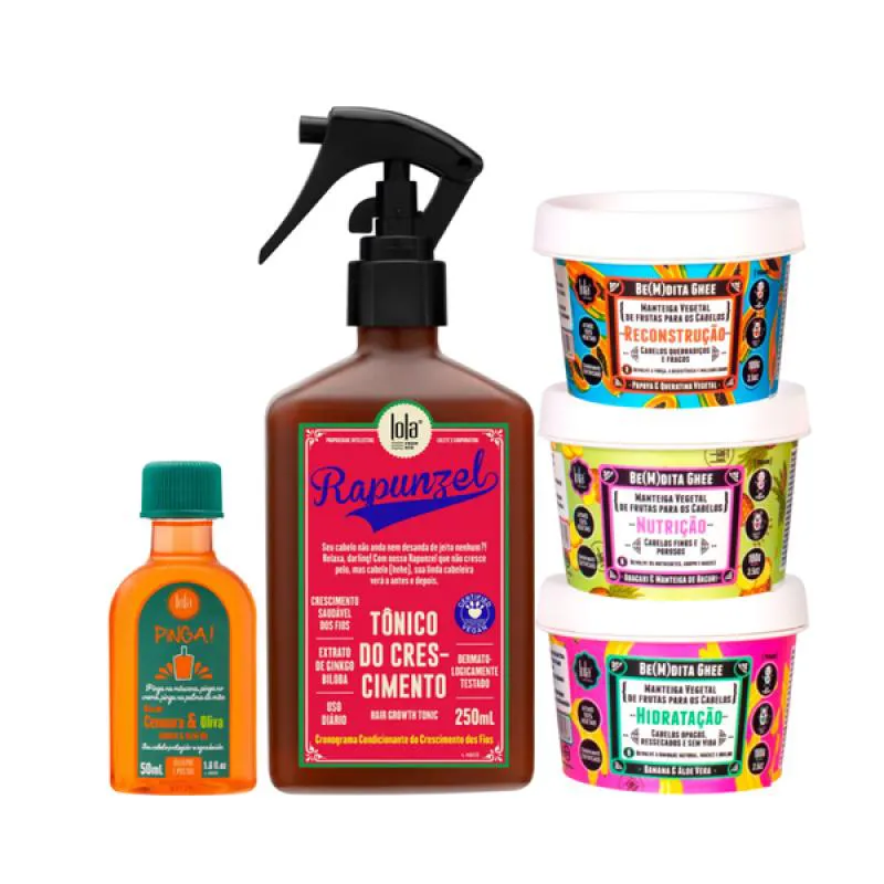 KIT LOLA RAPUNZEL TONICO + BEMDITA GHEE CRONOGRAMA 3X 100ML + PINGA! ÓLEO CENOURA E OLIVA