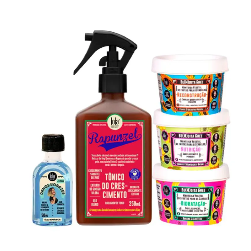 KIT LOLA RAPUNZEL TONICO + BEMDITA GHEE CRONOGRAMA 3X 100ML + DANOS VORAZES ÓLEO