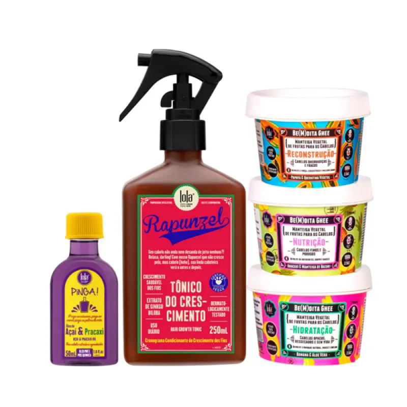 KIT LOLA RAPUNZEL TONICO + BEMDITA GHEE CRONOGRAMA 3X 100ML + PINGA! ÓLEO AçAí E PRACAXI