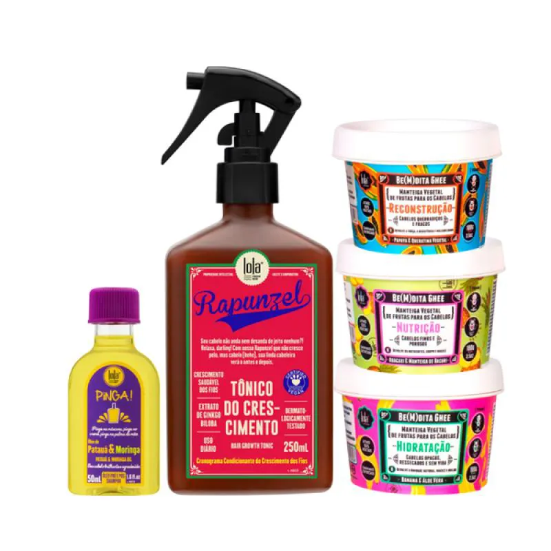 KIT LOLA RAPUNZEL TONICO + BEMDITA GHEE CRONOGRAMA 3X 100ML + PINGA! ÓLEO PATAúA E MORINGA