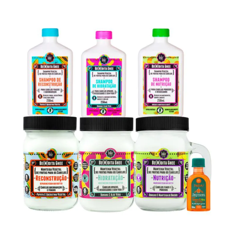KIT LOLA CRONOGRAMA BEMDITA GHEE 3X SH + 3X MASC 350ML + PINGA! ÓLEO CENOURA E OLIVA 50ML