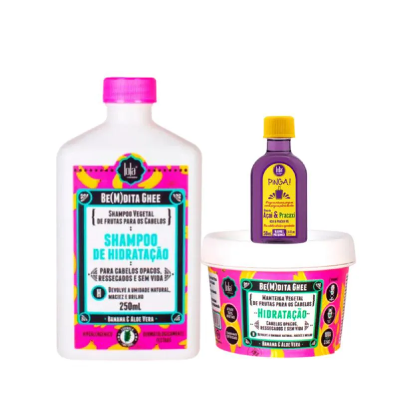 KIT LOLA BEMDITA GHEE HIDRATAçãO SH 250ML + MASC 100ML + PINGA! ÓLEO AçAí E PRACAXI 50ML