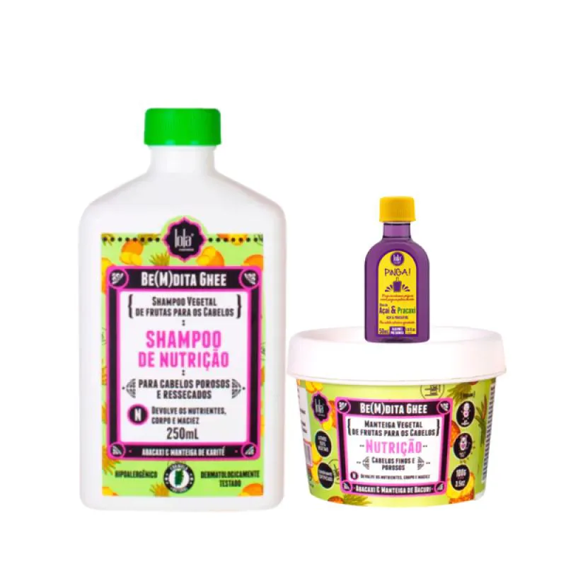 KIT LOLA BEMDITA GHEE NUTRIçãO SH 250ML + MASC 100ML + PINGA! ÓLEO AçAí E PRACAXI 50ML