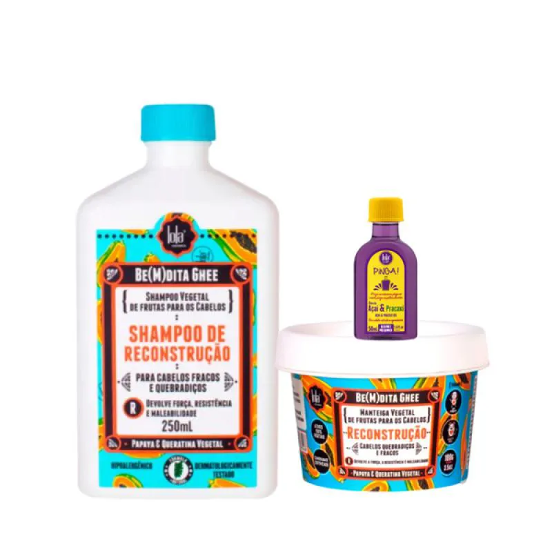 KIT LOLA BEMDITA GHEE RECONSTRUçãO SH 250ML + MASC 100ML + PINGA! ÓLEO AçAí E PRACAXI 50ML