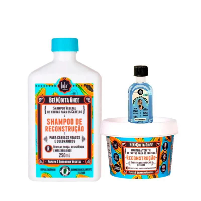 KIT LOLA BEMDITA GHEE RECONSTRUçãO SH 250ML + MASC 100ML + DANOS VORAZES ÓLEO 50ML