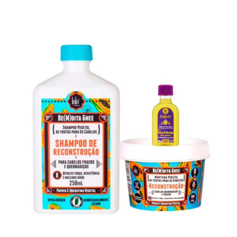 KIT LOLA BEMDITA GHEE RECONSTRUçãO SH 250ML + MASC 100ML + PINGA! ÓLEO PATAúA E MORINGA 50ML