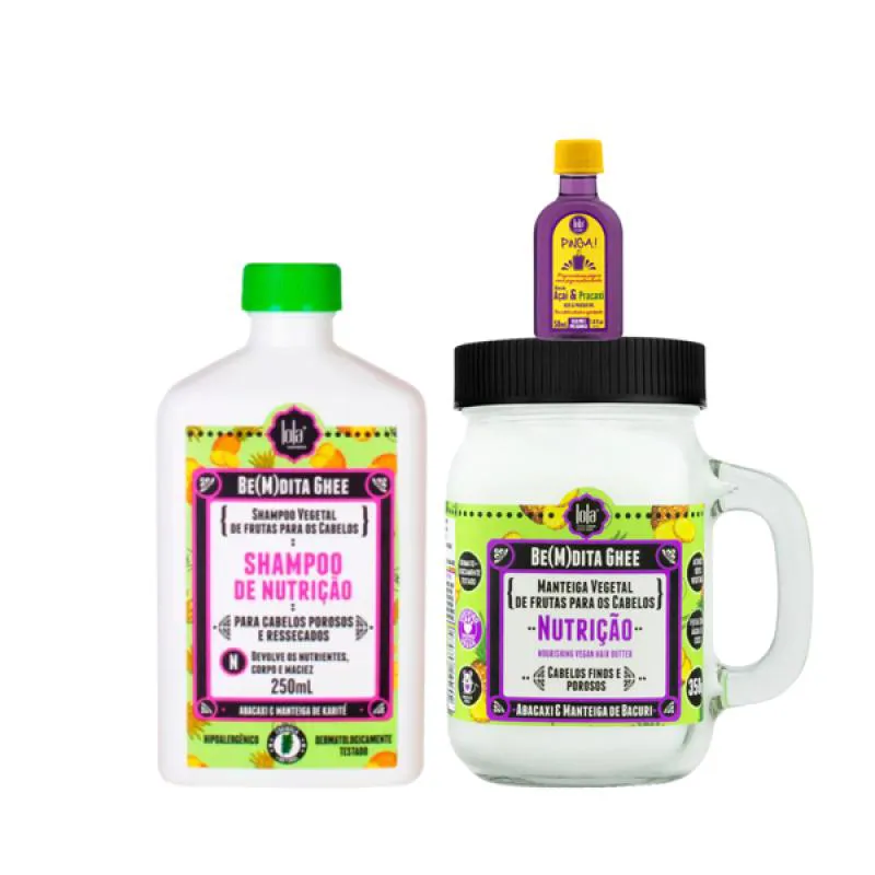 KIT LOLA BEMDITA GHEE NUTRIçãO SH 250ML + MASC 350ML + PINGA! ÓLEO AçAí E PRACAXI 50ML