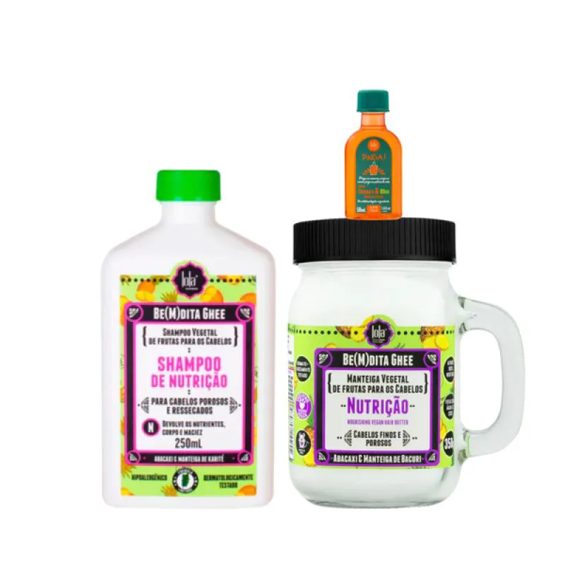 KIT LOLA BEMDITA GHEE NUTRIçãO SH 250ML + MASC 350ML + PINGA! ÓLEO CENOURA E OLIVA 50ML