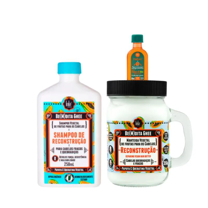 KIT LOLA BEMDITA GHEE RECONSTRUçãO SH 250ML + MASC 350ML + PINGA! ÓLEO CENOURA E OLIVA 50ML