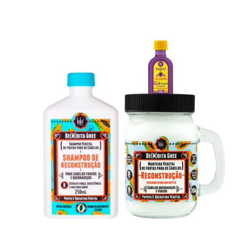 KIT LOLA BEMDITA GHEE RECONSTRUçãO SH 250ML + MASC 350ML + PINGA! ÓLEO AçAí E PRACAXI 50ML